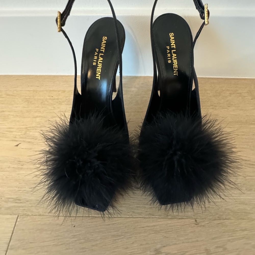 Saint Laurent Black Fur Pom-Pom Women's Heels-39.5